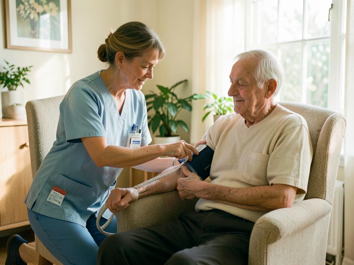Home health nurse checking a patient's blood pressure